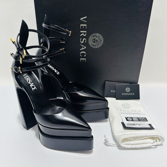 NIB Versace Aevitas IT 38.5 US 8.5 Pointed Platform Black Strappy Pumps $1,825 - Picture 7 of 16